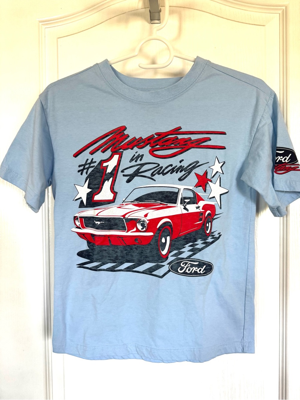 Ford Light Blue Tee with Red Mustang Racing Graphic